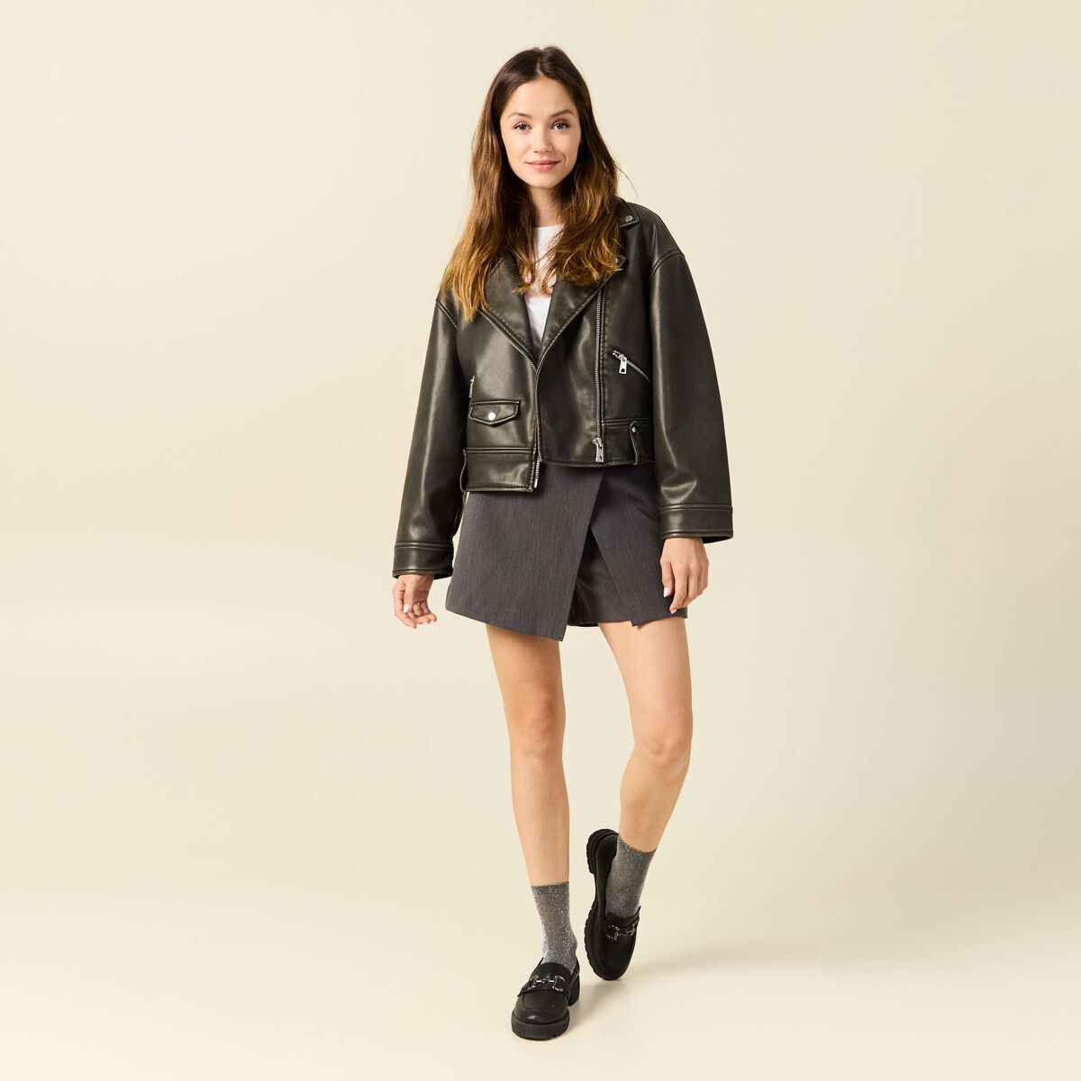 Jupe-short taille haute gris femme