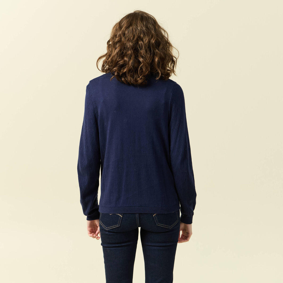 Pull ajour&eacute; manches longues en coton bleu marine femme