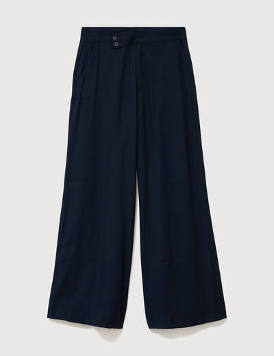 Pantalon large taille haute ceinture bleu fonc&eacute; femme