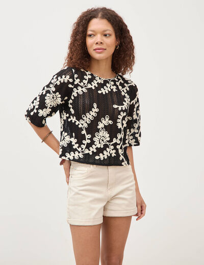 T-shirt brod&eacute; col rond manches 3/4 noir femme