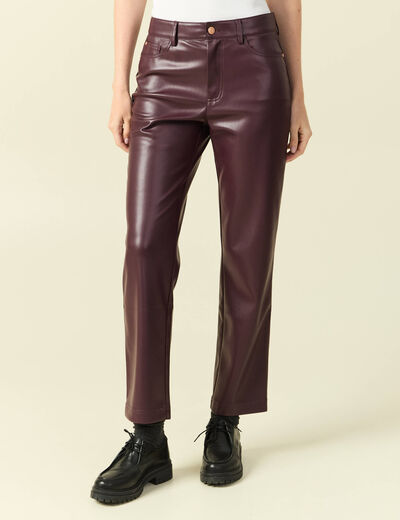 Pantalon taille haute similicuir prune femme