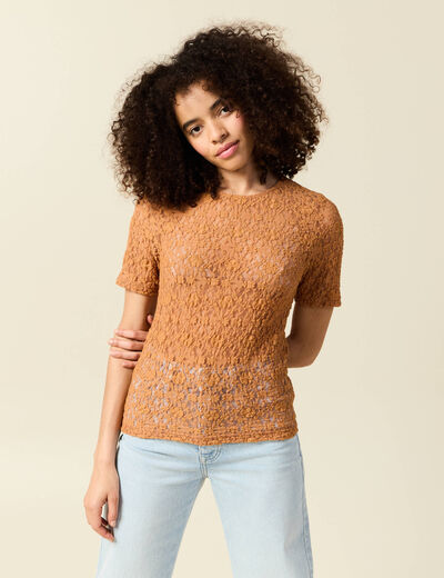 T-shirt cintr&eacute; col rond dentelle terracotta femme