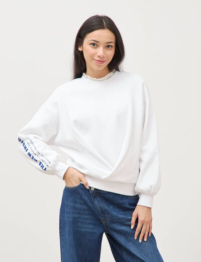 Sweat droit col rond manches longues blanc femme