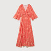 Robe col v manches longues rouge corail femme