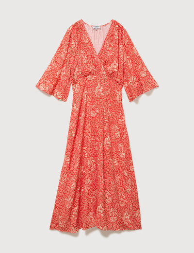 Robe col v manches longues rouge corail femme