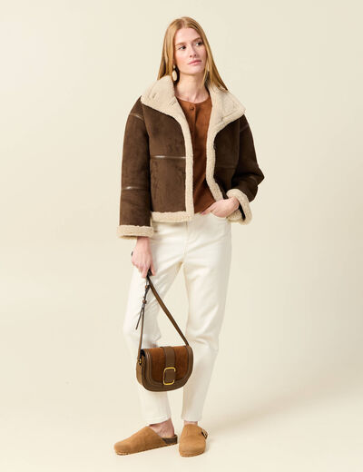 Manteau oversize court col classique marron fonc&eacute; femme