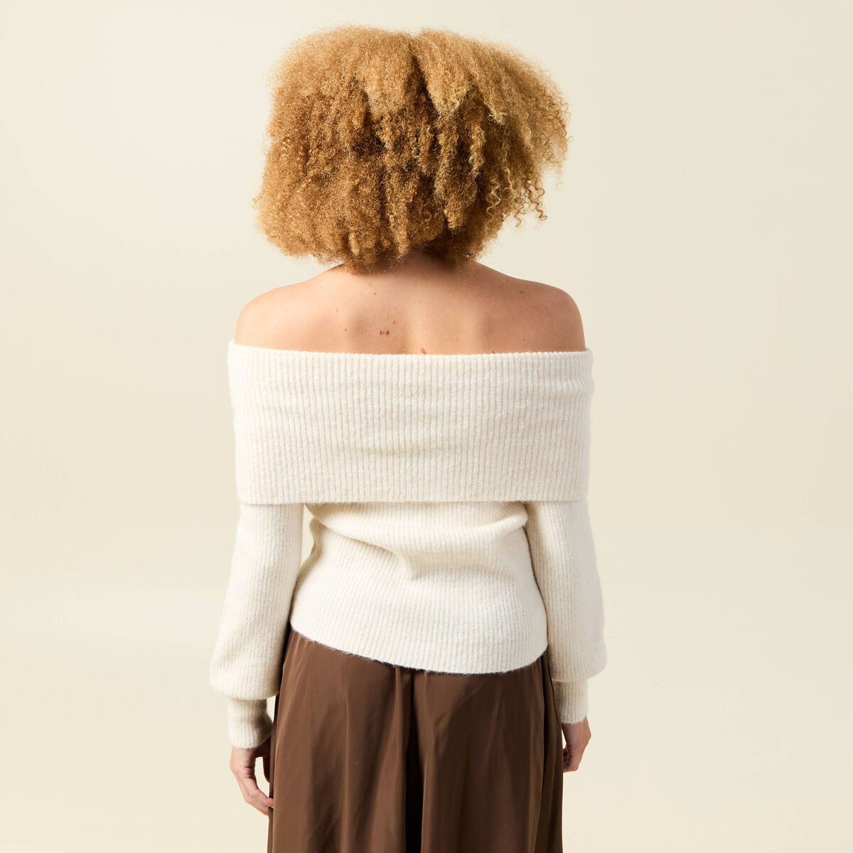 Pull manches longues col bardot ecru femme