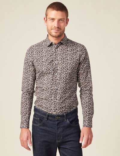 Chemise cintr&eacute;e en coton manches longues bleu marine homme