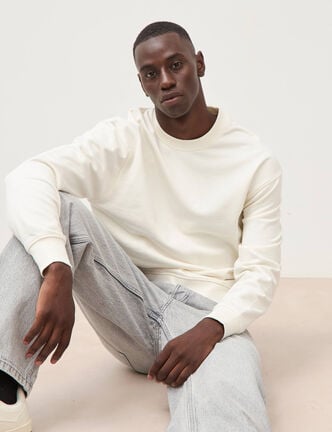 Sweat col rond manches longues en coton ecru homme
