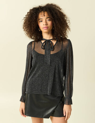 T-shirt manches longues col v doubl&eacute; noir femme