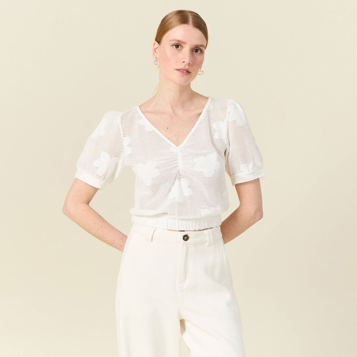 T-shirt manches courtes ajouré creme femme