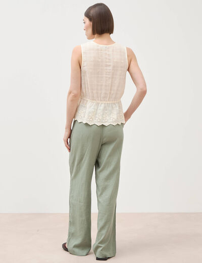 Top col v sans manches en coton creme femme