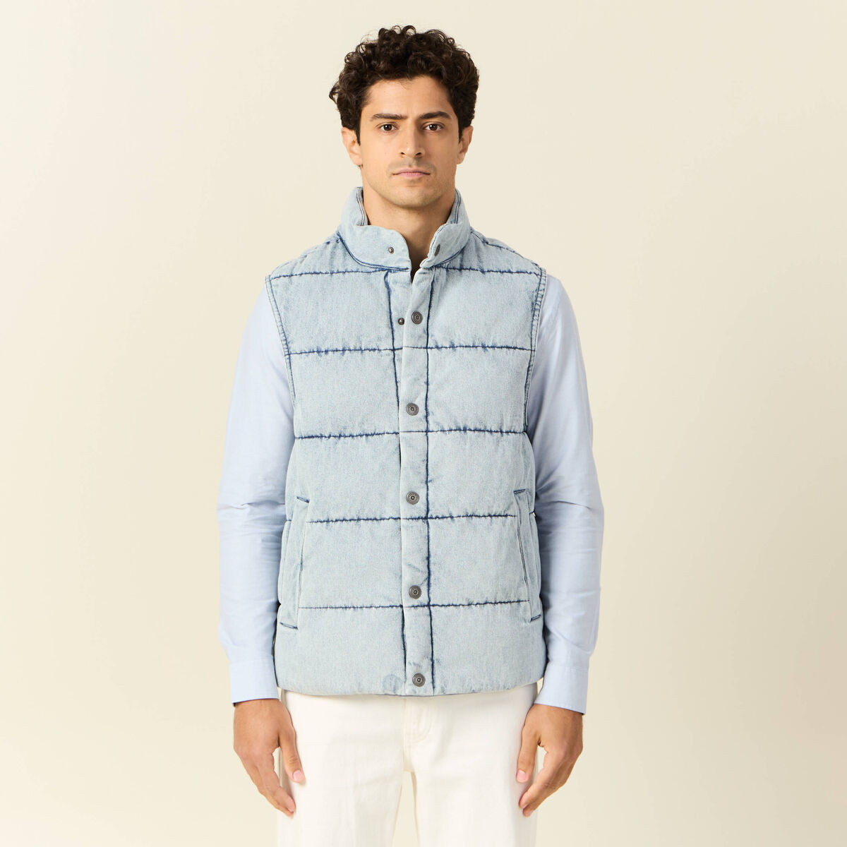 Doudoune sans manches en jean denim bleach homme