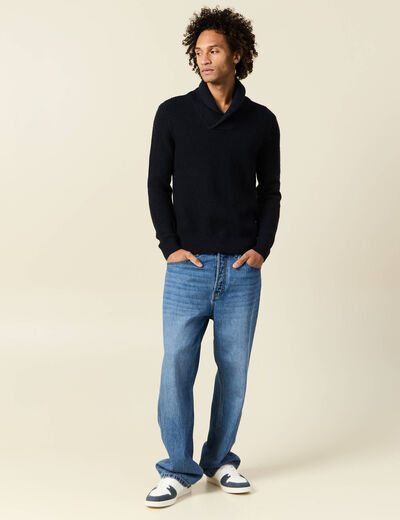Pull manches longues col châle bleu marine homme