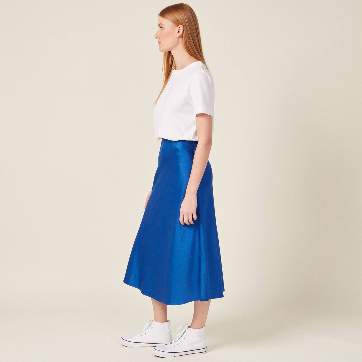 Jupe midi droite satin bleu electrique femme