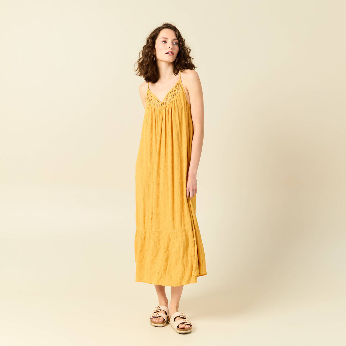 Robe longue évasée fluide jaune femme