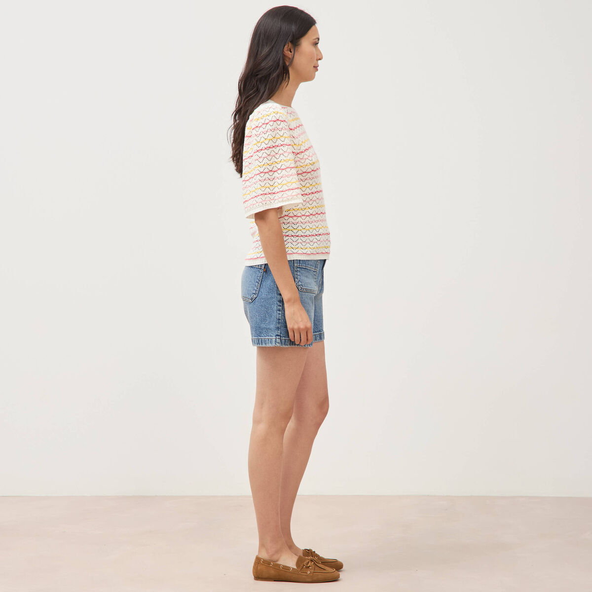 Pull col bateau manches courtes rose femme