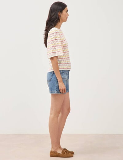 Pull col bateau manches courtes rose femme