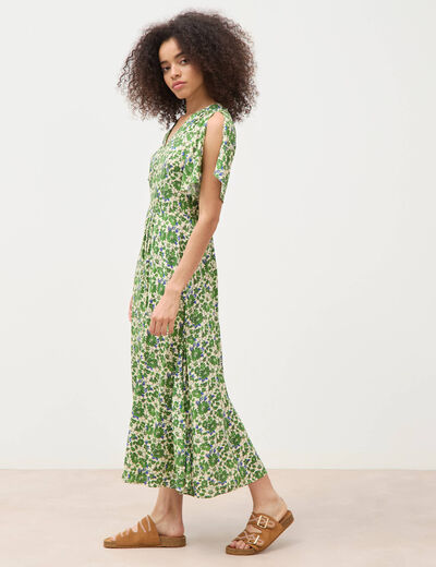Robe fluide col v manches courtes vert femme