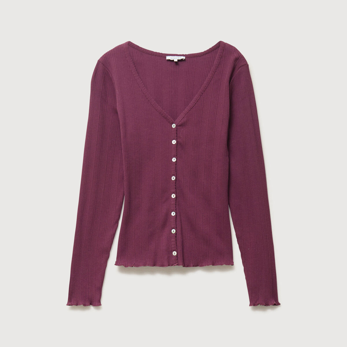 T-shirt col v manches longues ajust&eacute; prune femme