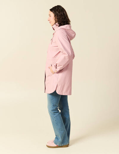 Parka longue droite d&eacute;perlante &agrave; capuche rose pastel femme
