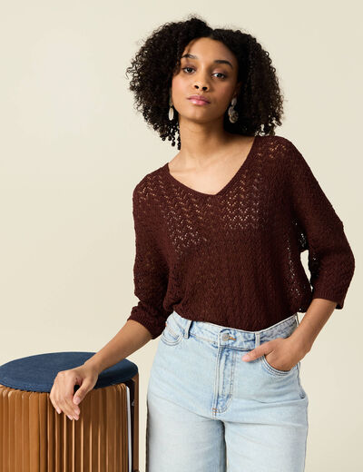 Pull manches 3/4 ajouré bordeaux femme