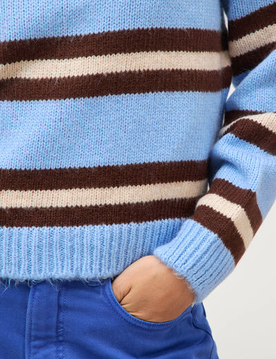 Pull droit manches longues col rond bleu femme