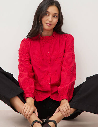Chemise en coton manches longues rouge fonc&eacute; femme