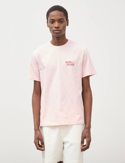 T-shirt droit en coton col rond rose poudr&eacute;e homme
