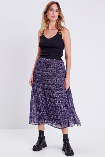Jupe longue évasée fluide mauve femme