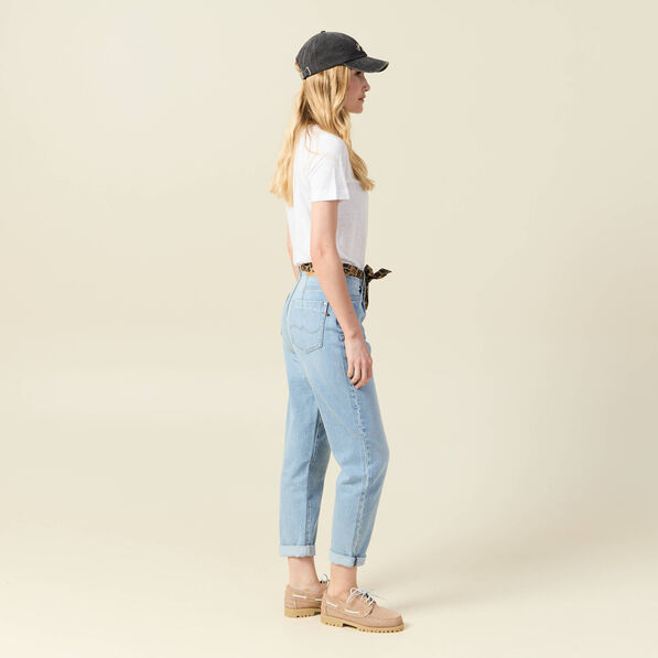 Jeans mom ceinture foulard denim bleach femme