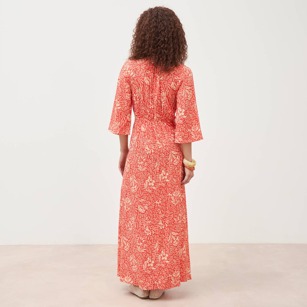 Robe col v manches longues rouge corail femme