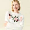 Pull col rond manches longues brod&eacute; ecru femme