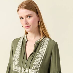 Robe brodée éco-responsable vert kaki femme