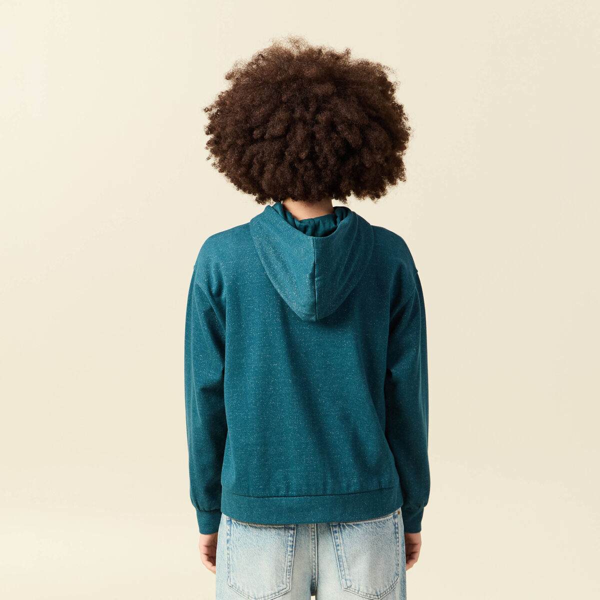 Sweat &agrave; capuche manches longues brillant bleu canard femme