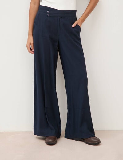 Pantalon large taille haute ceinture bleu fonc&eacute; femme