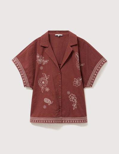 Chemise ample manches courtes marron cognac femme