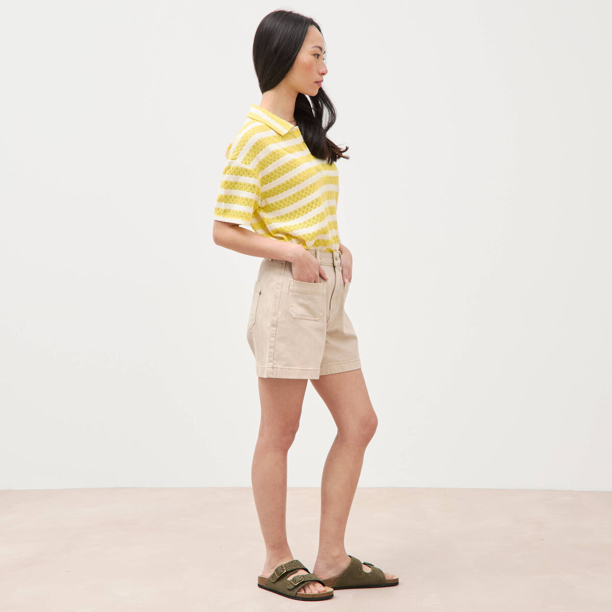 Short en jean taille haute beige femme