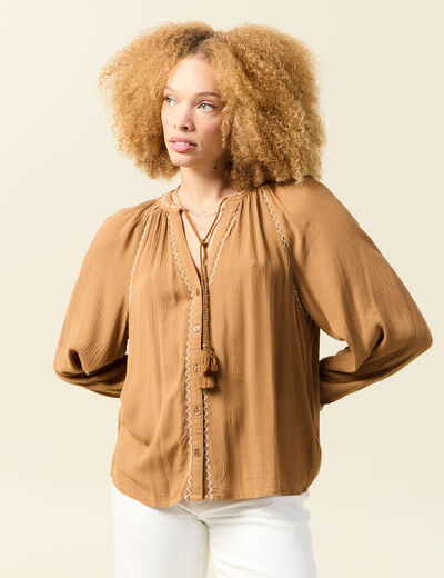 Chemise manches longues col tunisien marron clair femme