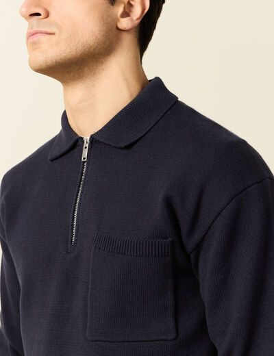 Pull manches longues col polo bleu marine homme