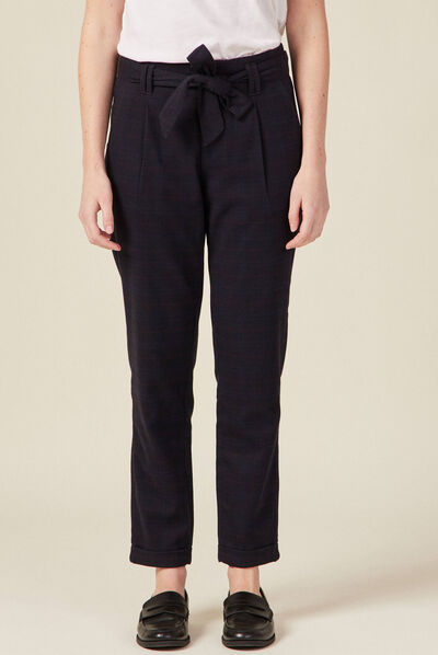 Pantalon carotte ceinturé bleu marine femme