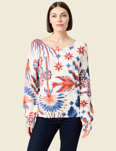 Pull manches longues col en V creme femme