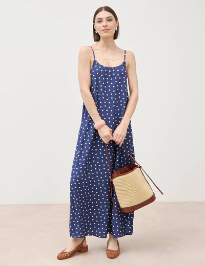 Robe longue fines bretelles col rond bleu marine femme