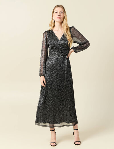 Robe longue fils métallisés noir femme