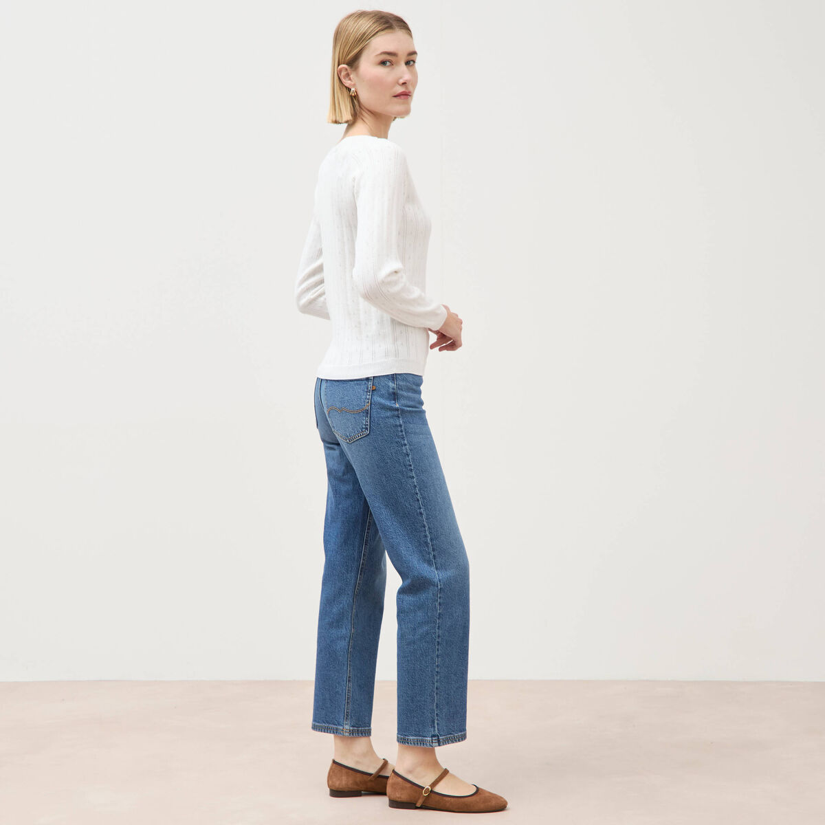 Pull col rond manches longues blanc femme
