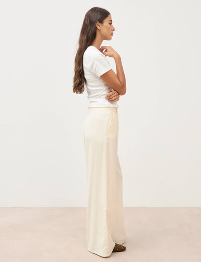 Pantalon large taille haute ceinture ivoire femme