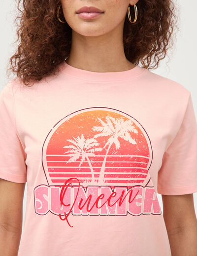 T-shirt droit col rond manches courtes rose saumon femme