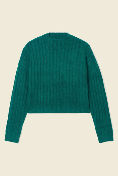 Pull manches longues cropped vert femme