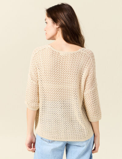 Pull ajour&eacute; col v manches 3/4 creme femme
