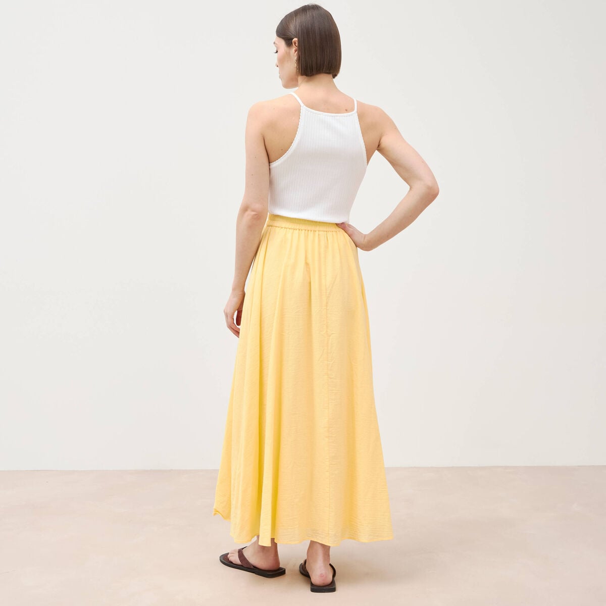 Jupe longue &eacute;vas&eacute;e en coton doubl&eacute;e jaune clair femme